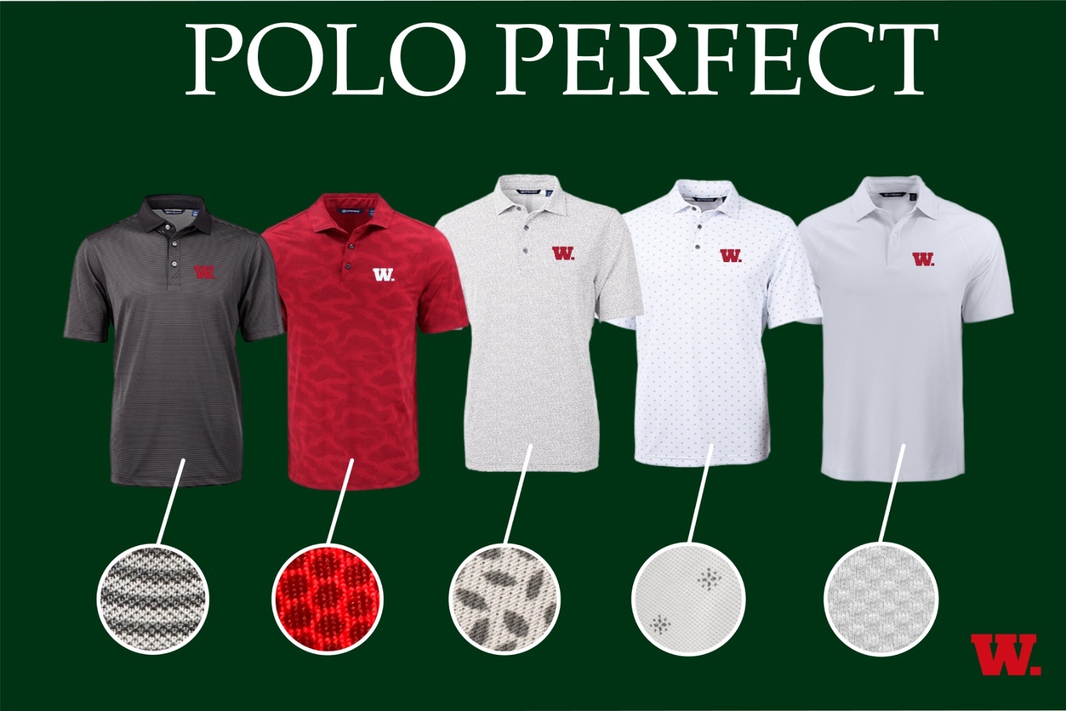 Here are five of our newest polos, all with good inventory and showing close-up views of the fabric.